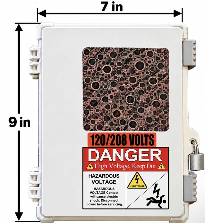 Front of the closed enclosure with dimension markings: 9 inches tall, 7 inches wide